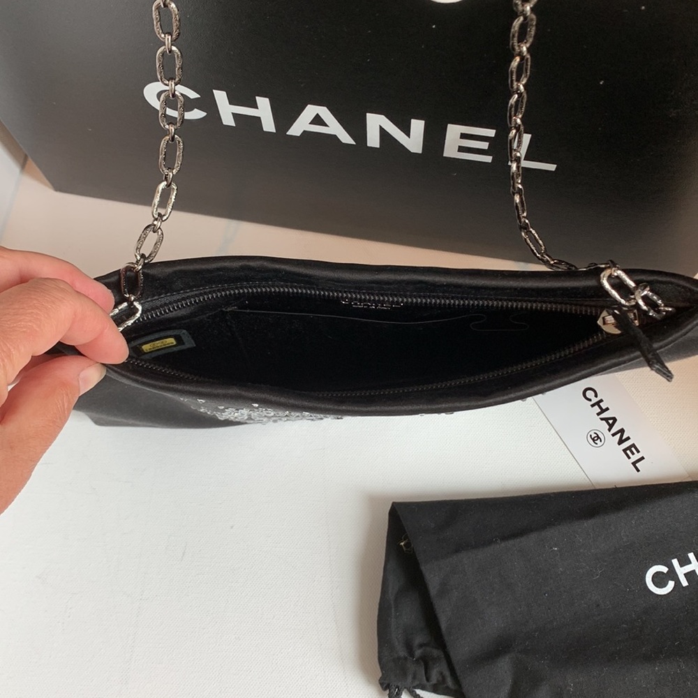 CHANEL 🖤 Rare Diamonte Swarovski Crystal Studded CC Black Satin Silk Chain Bag - Picture 12 of 16